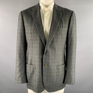 SANTORIO Chest Size 42 Grey Black Tartan Wool Notch Lapel Sport Coat